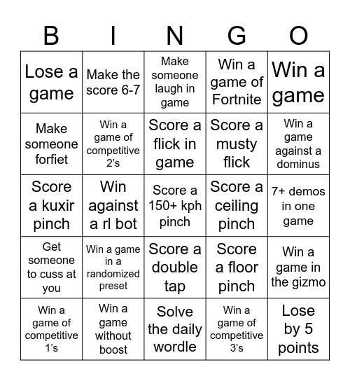 Rocket league bingo Card