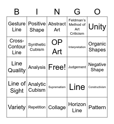 Art 1 Vocab Bingo Card