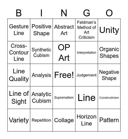 Art 1 Vocab Bingo Card