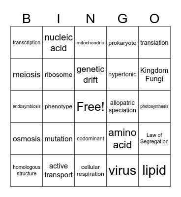 Biology Review Bingo Card