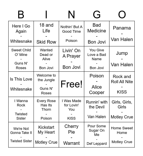 Hair Bands Bingo Card