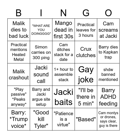 TGA Bingo Card