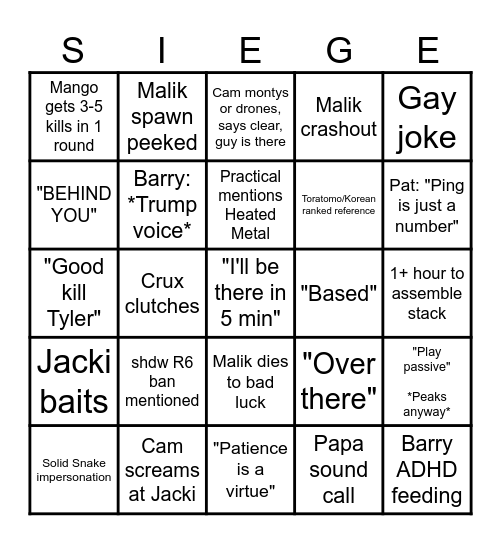 TGA Bingo Card