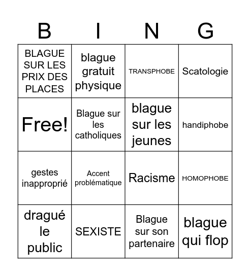 Bingo du Cringe Bingo Card