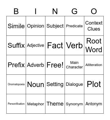 Language Arts Bingo Card