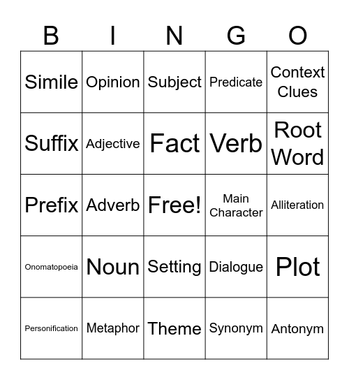Language Arts Bingo Card