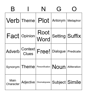 Language Arts Bingo Card
