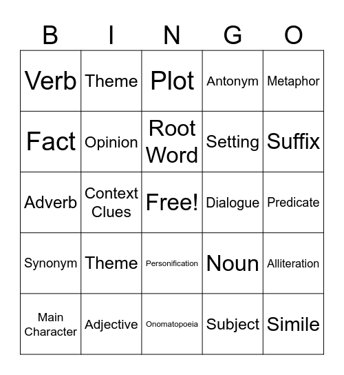 Language Arts Bingo Card