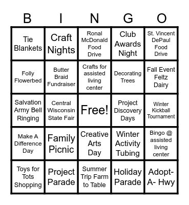 Golden Glow 4-H Events Bingo Card