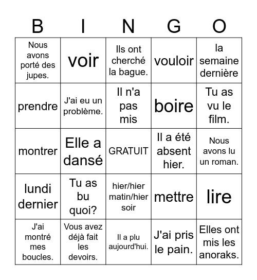 Français passé composé Bingo Card