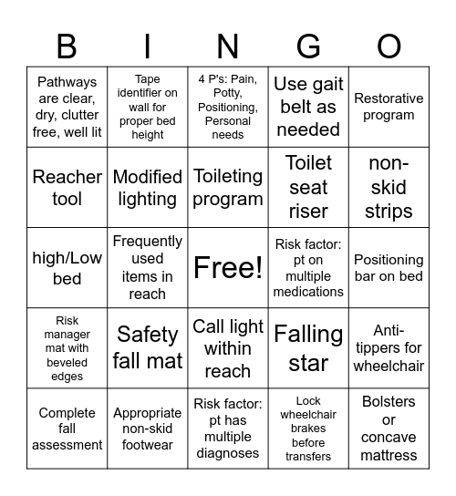Fall Prevention BINGO Card