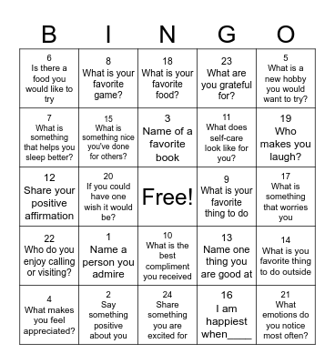 Self-Esteem Bingo! Bingo Card