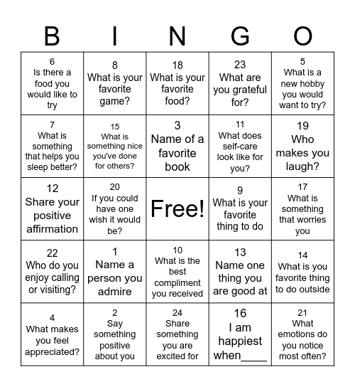Self-Esteem Bingo! Bingo Card