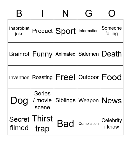 Random tiktok Bingo Card