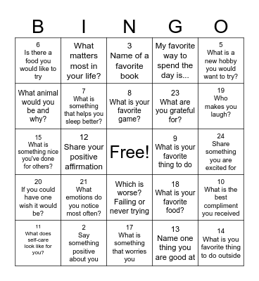 Self Esteem Bingo Card