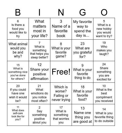 Self Esteem Bingo Card