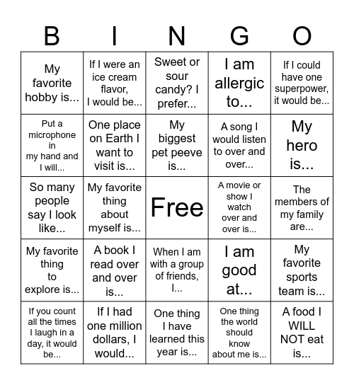 All About Me Bingo Card