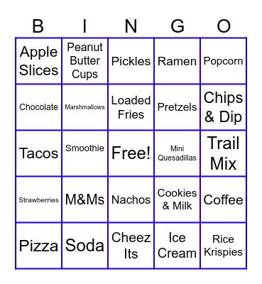 Late Night Snacks Bingo Card