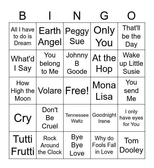 50s Game 1 Bingo Card