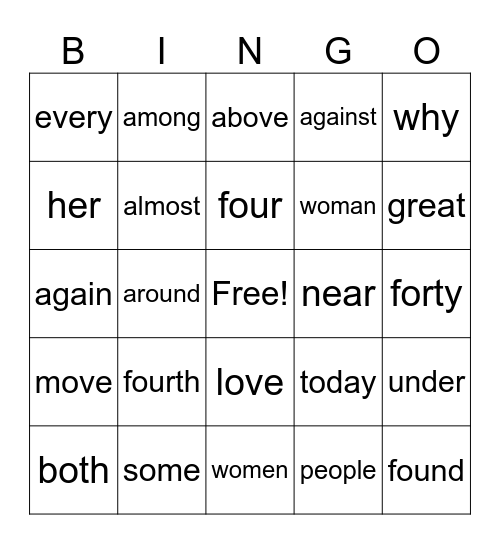 Unit 4 Sight Word Bingo Card