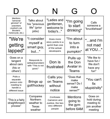 Dongo Bingo Card