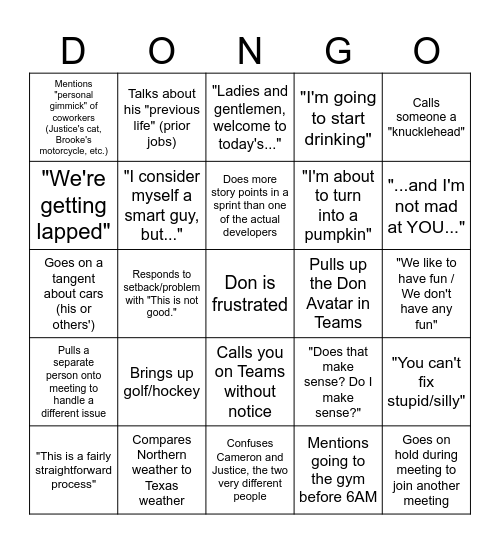 Dongo Bingo Card