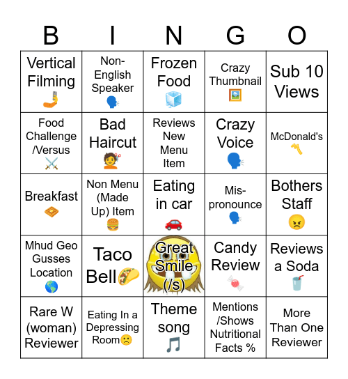 Youtube Foodie Bingo Card