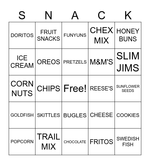 SNACKS Bingo Card