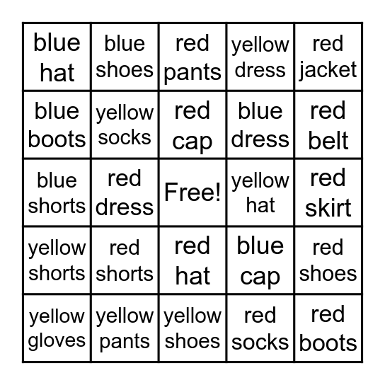 3rd Grade Clothing Bingo Card