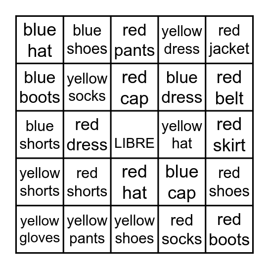 3rd Grade Clothing Bingo Card