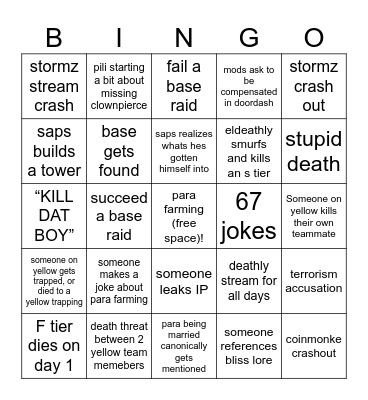 Yellow Team Moneysmp Bingo Card