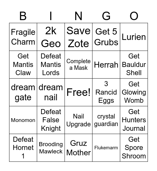 Short Hollow Knight Bingo Card
