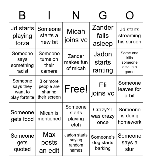 Freech VC Bingo Card