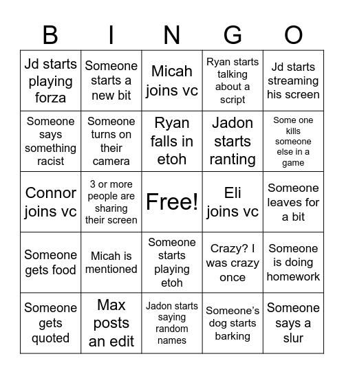 Freech VC Bingo Card