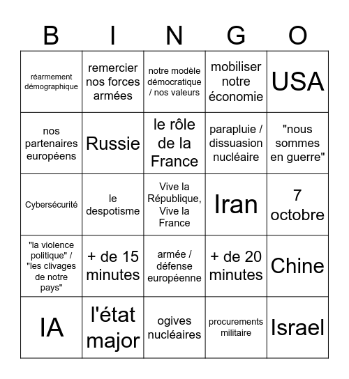 Allocution macron 3 mars 2026 Bingo Card