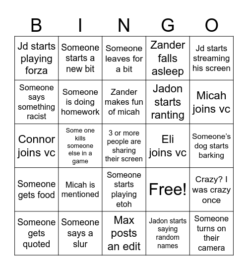 Freech VC Bingo Card