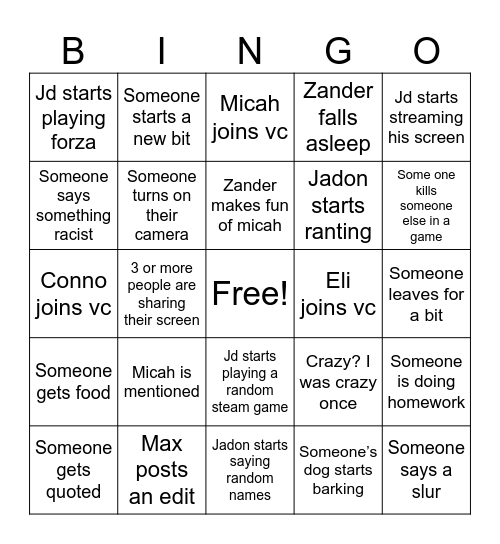 Freech VC Bingo Card