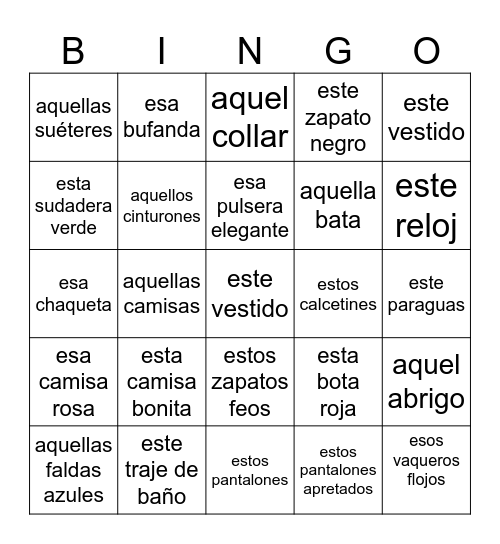 Demonstrative Adjectives Bingo Card