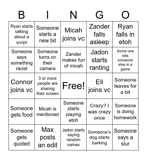Freech VC Bingo Card