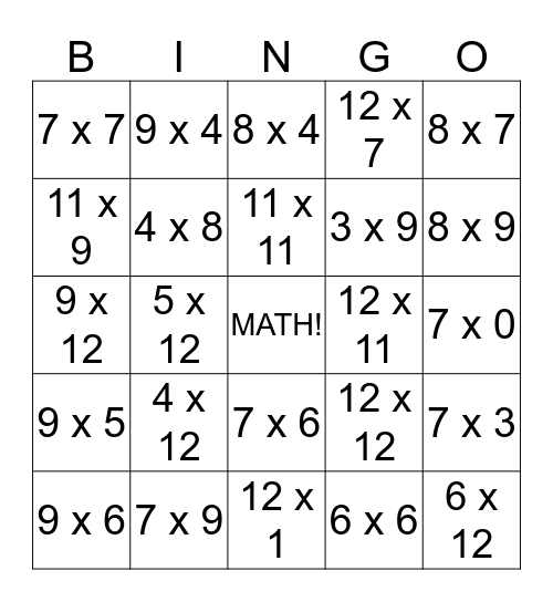 Math Bingo!!!! Bingo Card