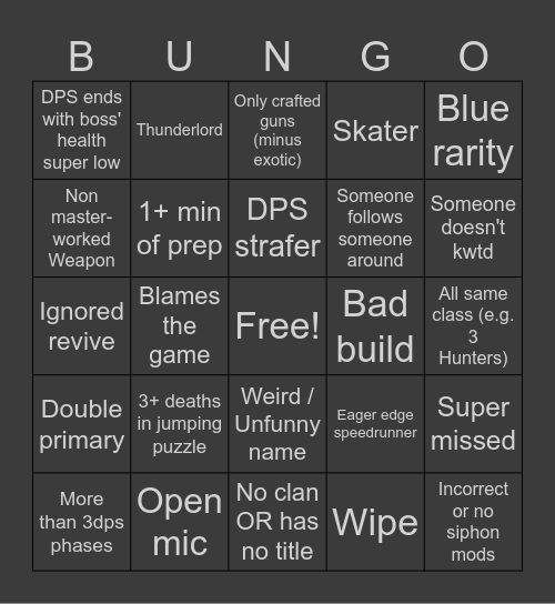 Destiny 2 LFG Bingo (Dungeon Edition) Bingo Card