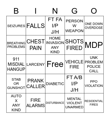 911 Dispatch Bingo Card