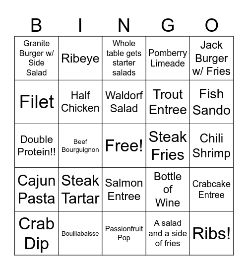 GRANITE BINGO first one to get bingo gets a free meal, hame doesn't start until all servers are on the floor. Please write down the table number in the box as you mark them off! Bingo Card