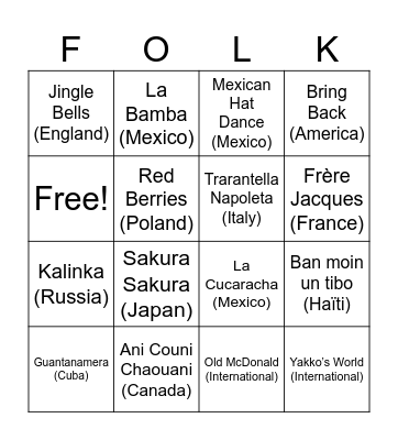 TopKids Folk Songs Bingo Card