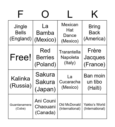 TopKids Folk Songs Bingo Card
