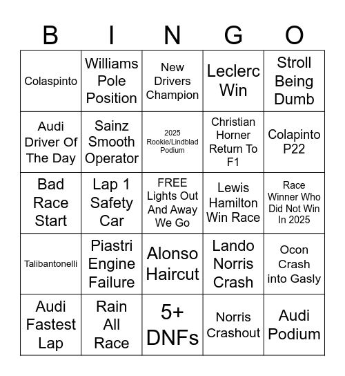 Vas' F1 Bingo 2026 Bingo Card