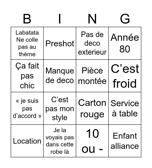 Chic et glamour Bingo Card