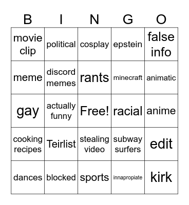 YouTube shorts bingo Card
