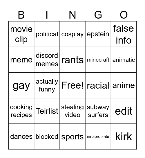 YouTube shorts bingo Card