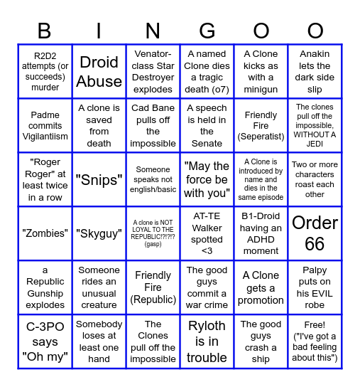 Clone Wars Bingo Card